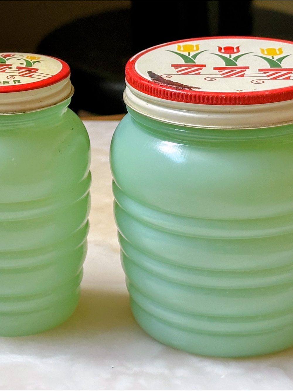Fire King Jadeite Ribbed Glass Jars with Red Floral Lids